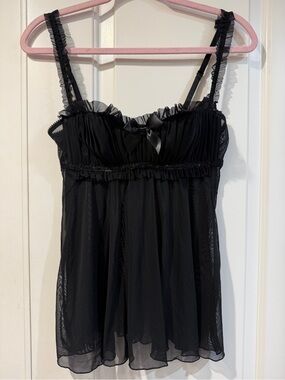 Vintage Fredrick’s of Hollywood Black Sheer Babydoll Chemise with Satin Bow
